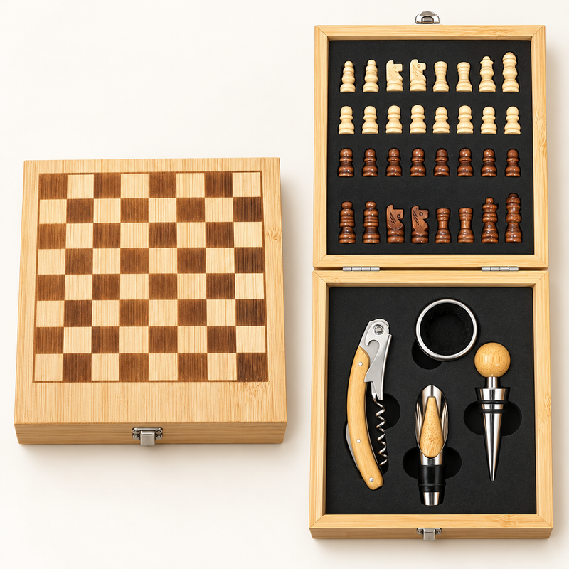 Bamboo chess and wine accessory gift set, open and closed views