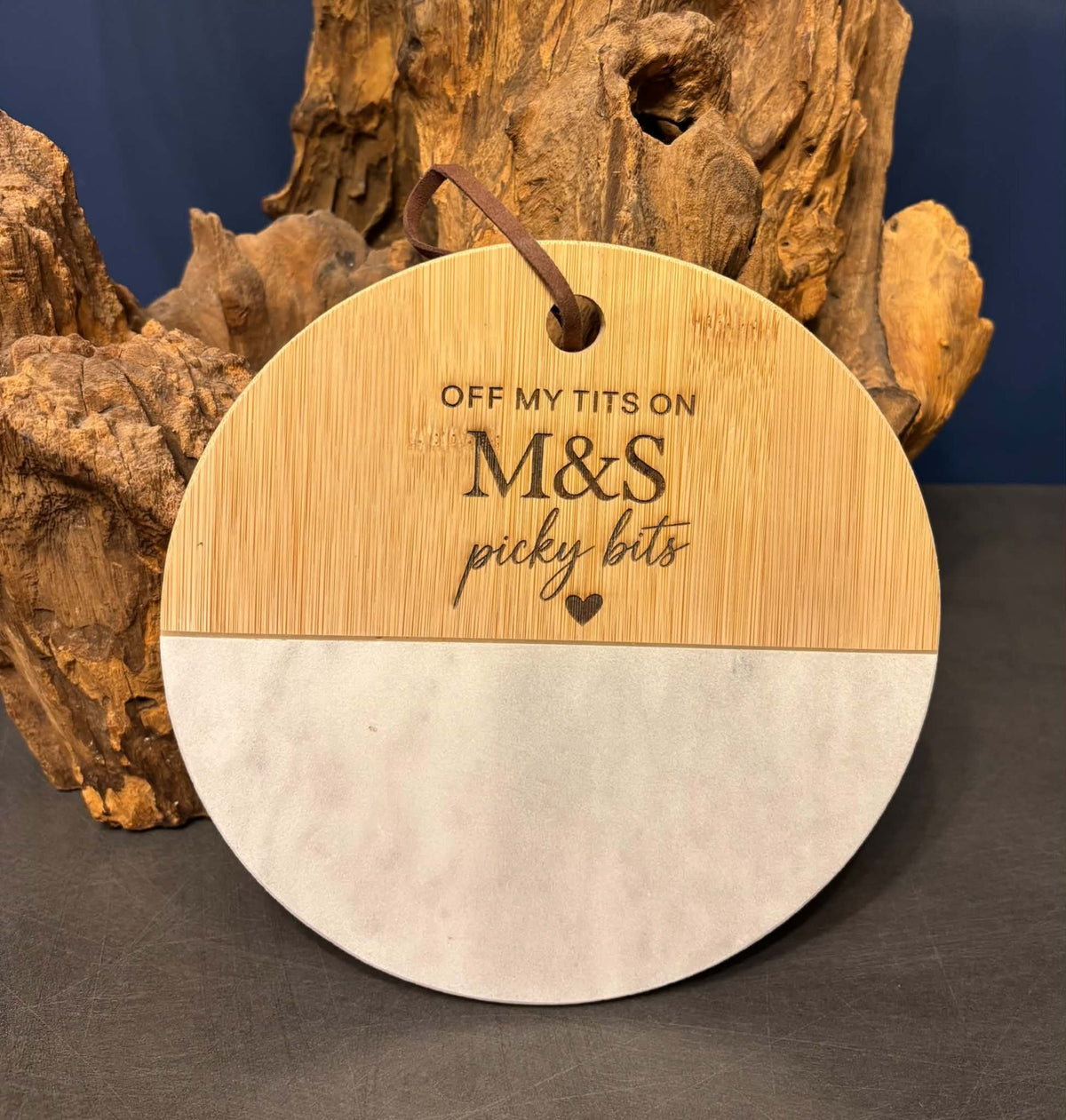 Round half bamboo and half marble serving board with engraved message