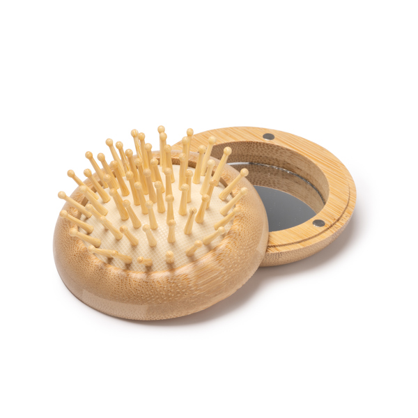 Bamboo mirror and hairbrush showing the brush and mirror inside