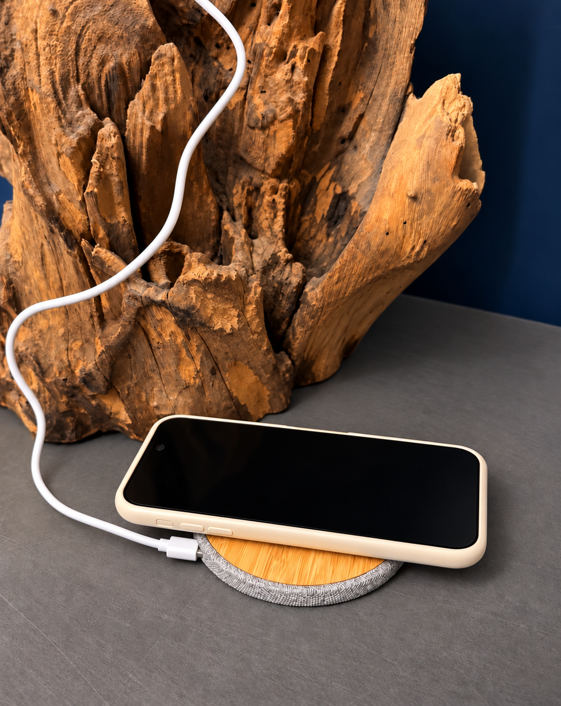 Phone lying flat on a bamboo wireless charging pad