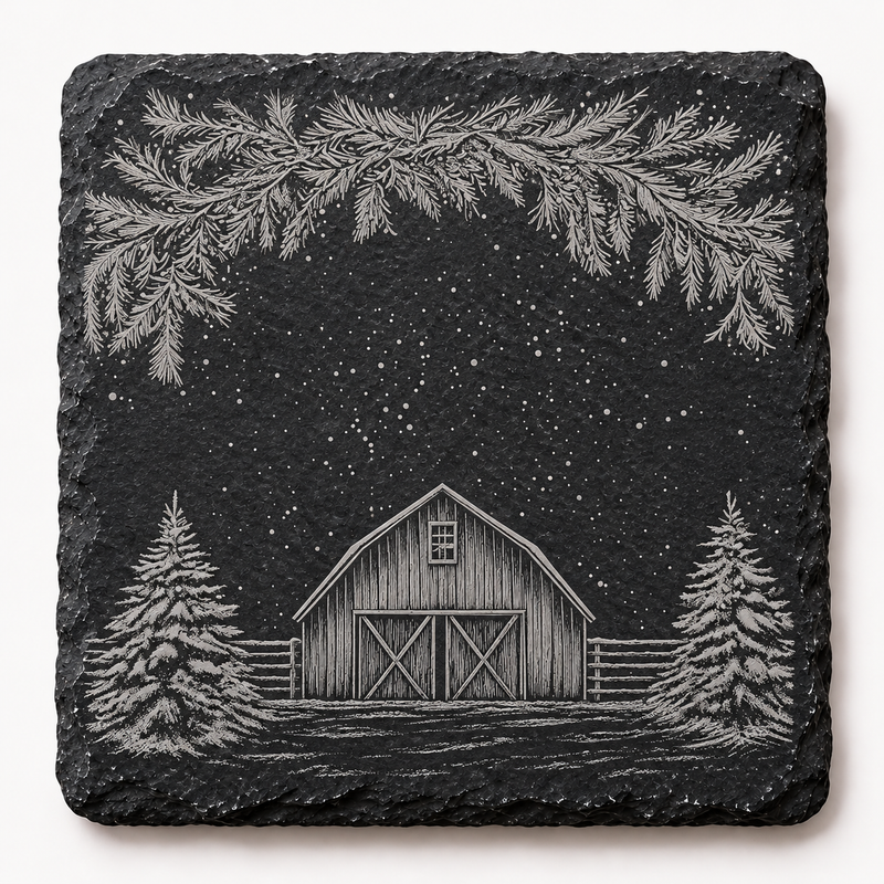 Barn Under Pine Branches Christmas Slate Coaster