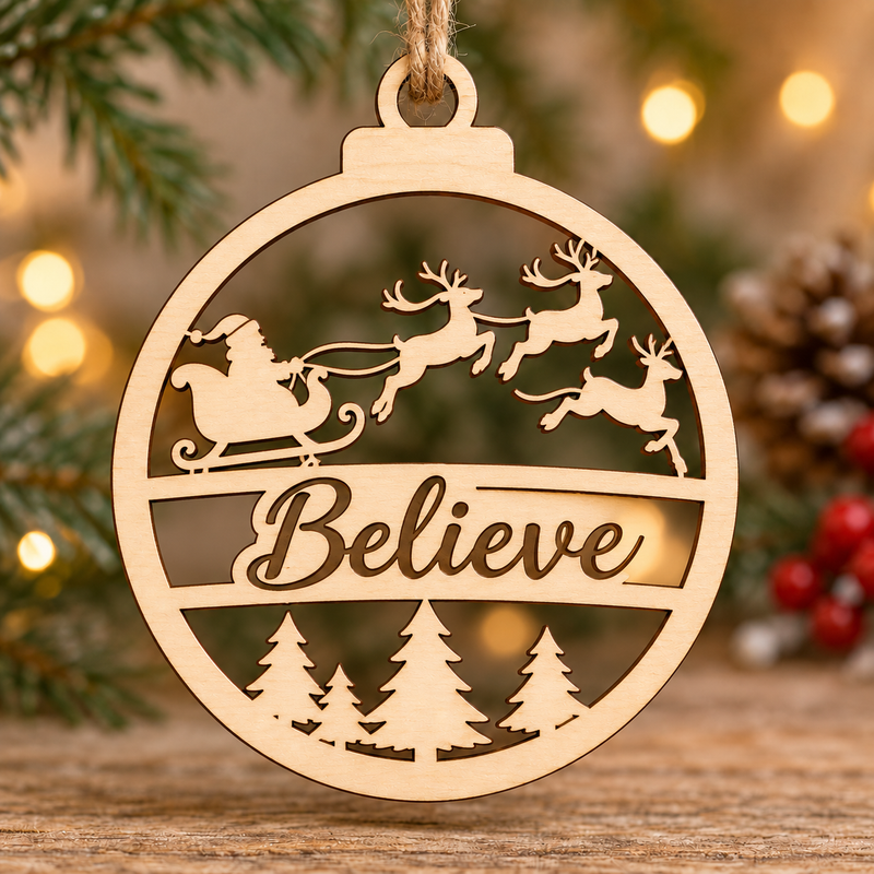 Believe Santa Sleigh Christmas Bauble
