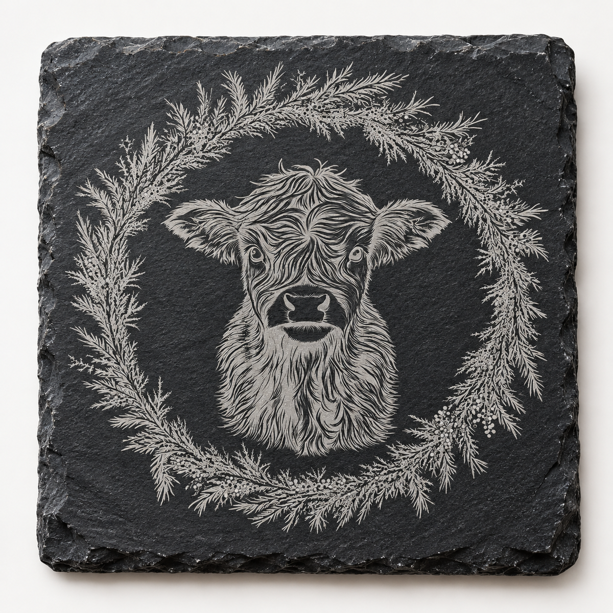 Calf Evergreen Wreath Christmas Slate Coaster
