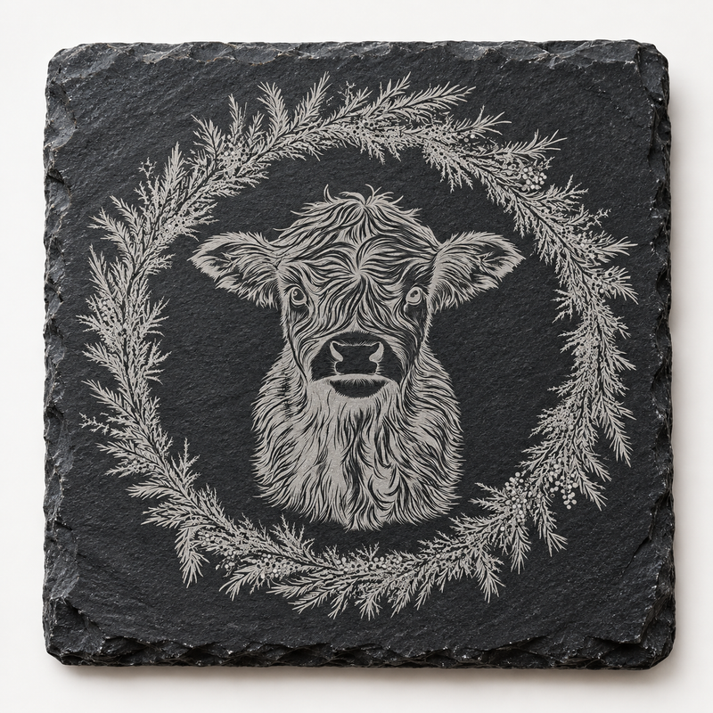 Calf Evergreen Wreath Christmas Slate Coaster