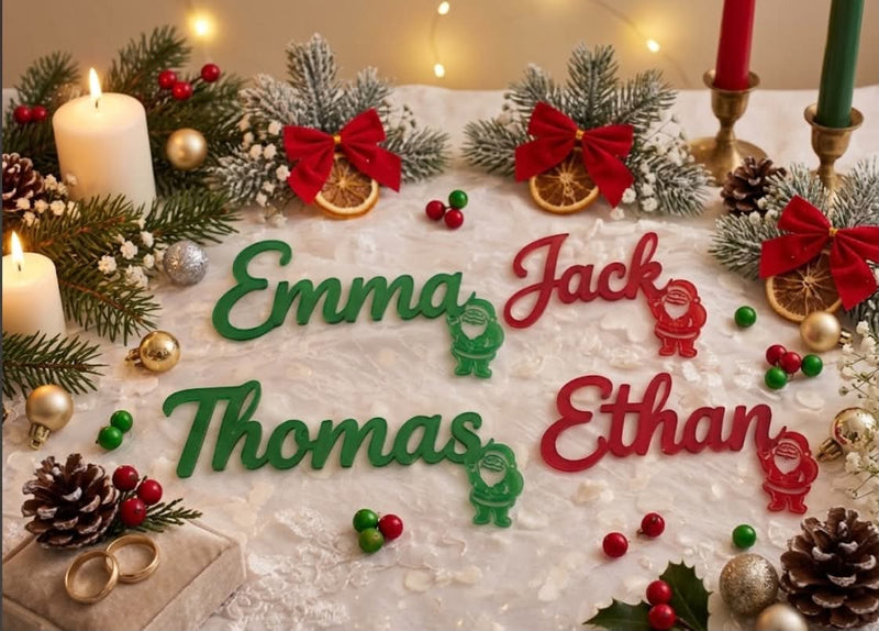 Cut out Christmas names in red and green acrylic