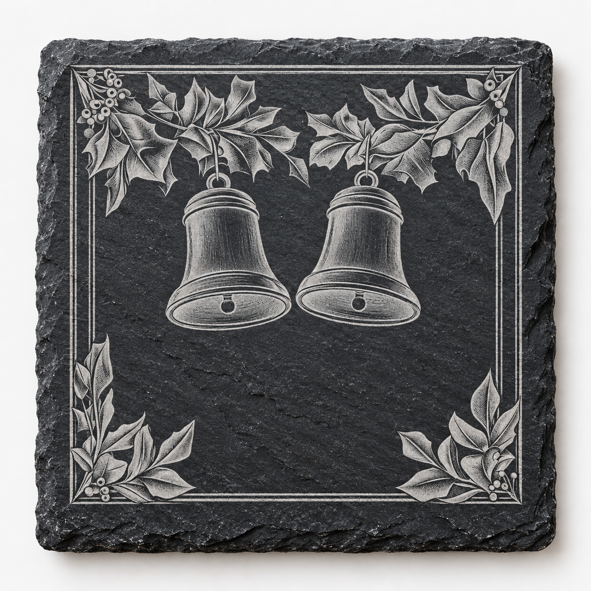 Christmas Bells & Holly Border Slate Coaster