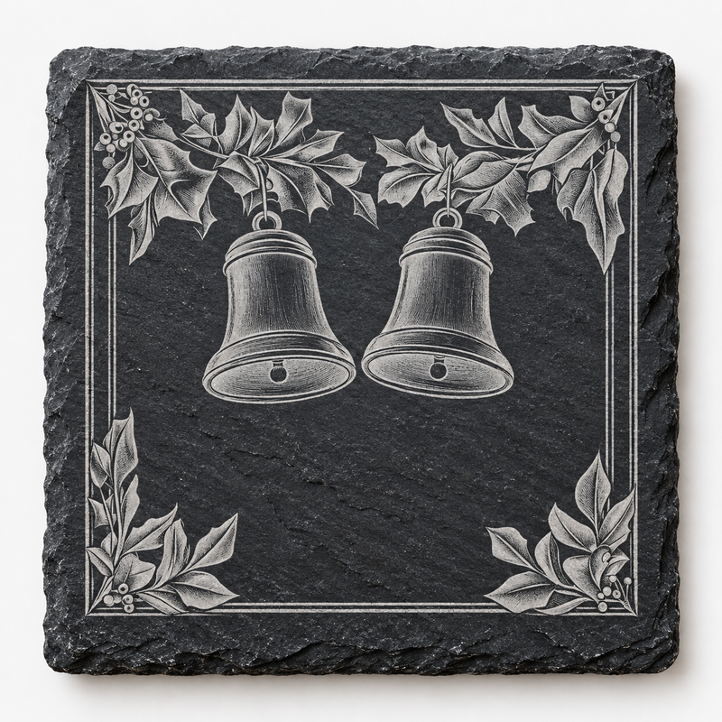 Christmas Bells & Holly Border Slate Coaster