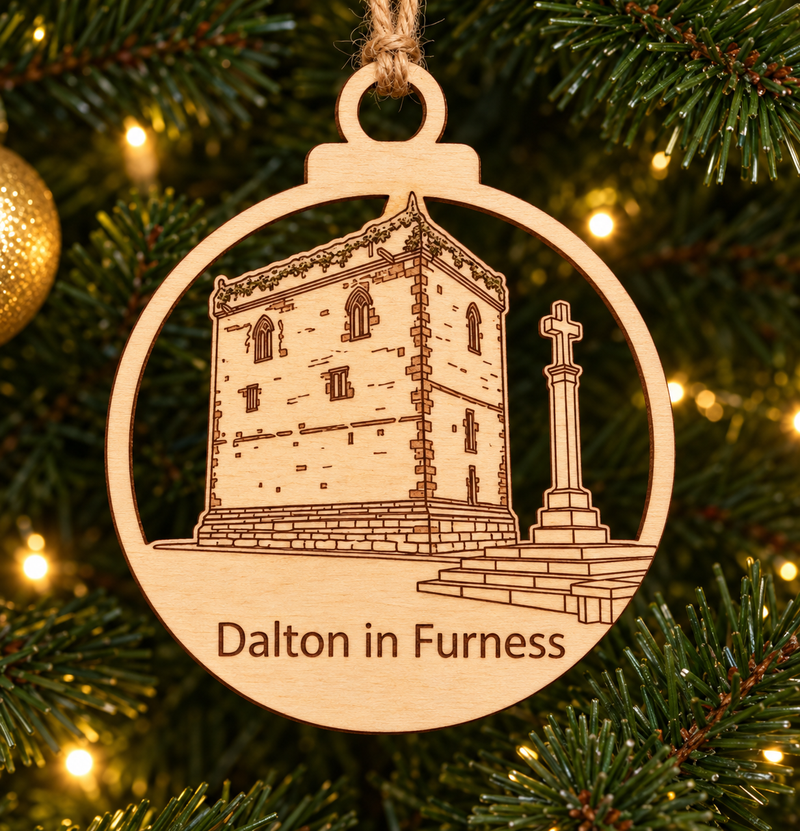 Dalton in Furness engraved basswood bauble featuring Dalton Castle and market cross
