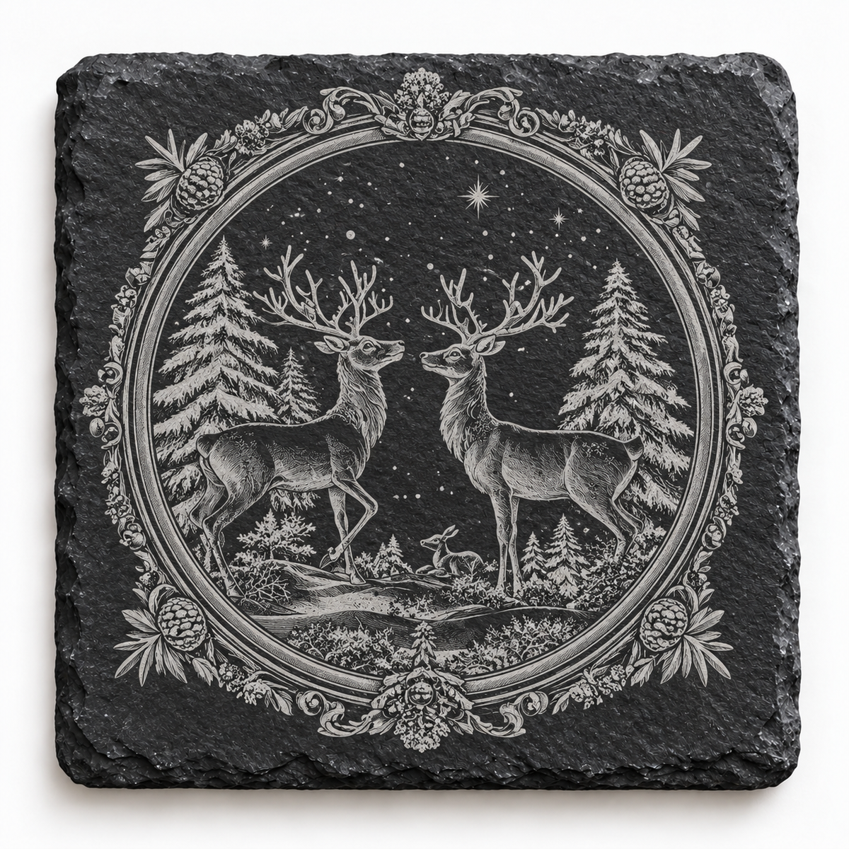 Deer Pair Woodland Christmas Slate Coaster