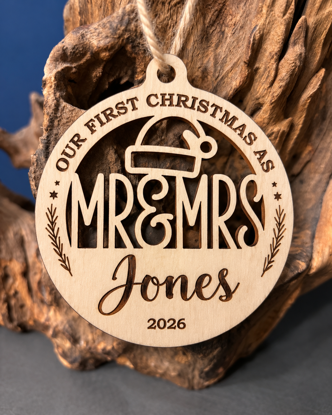 Personalised first Christmas basswood bauble – Round Santa Hat