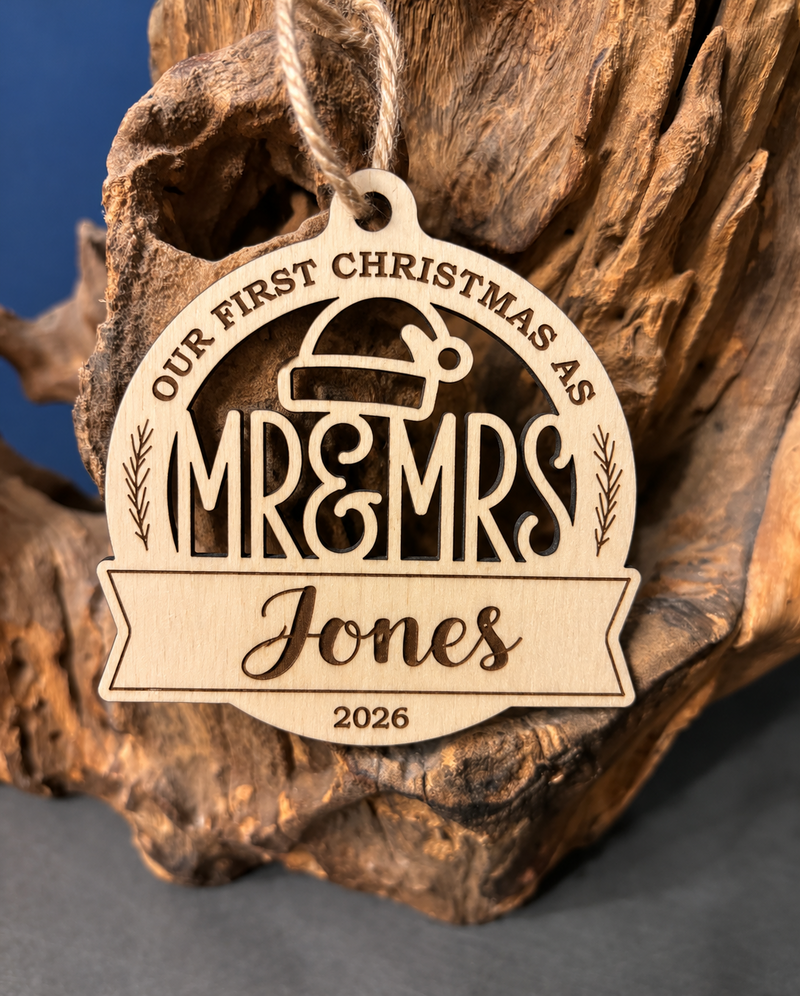 Personalised first Christmas basswood bauble – Santa Hat Ribbon