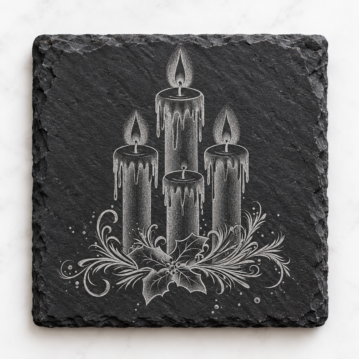 Four Christmas Candles & Holly Slate Coaster