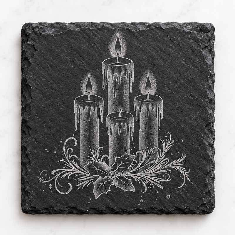 Four Christmas Candles & Holly Slate Coaster