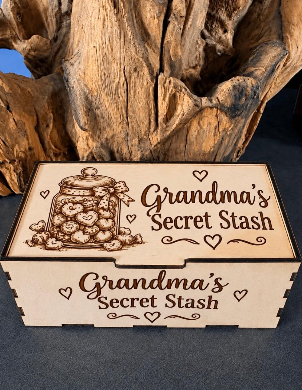 Grandma’s Secret Stash engraved wooden box with sweet jar design