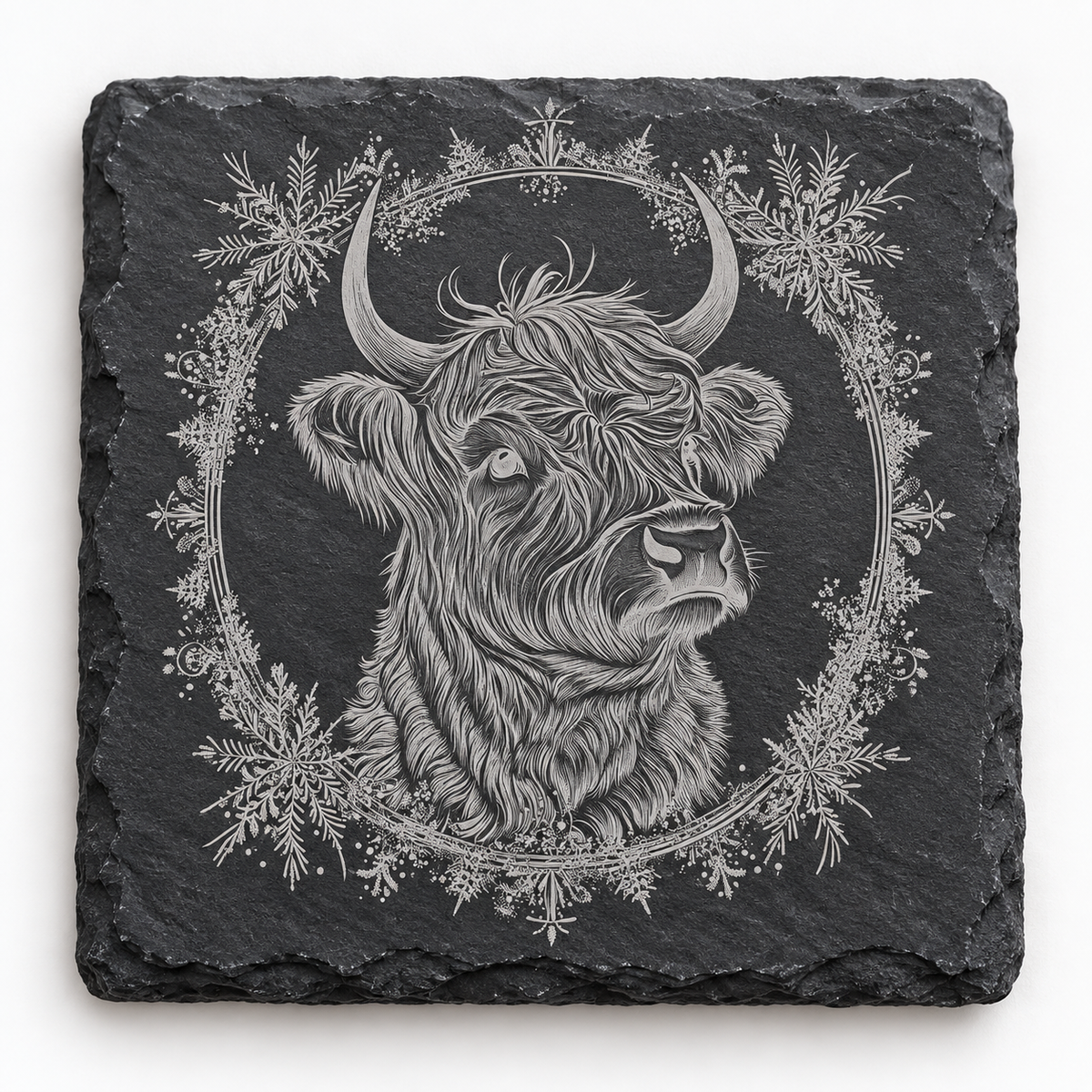 Highland Cow Festive Wreath Slate Coaster