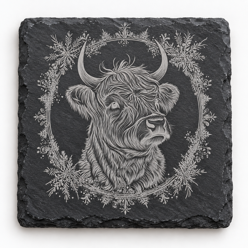 Highland Cow Festive Wreath Slate Coaster