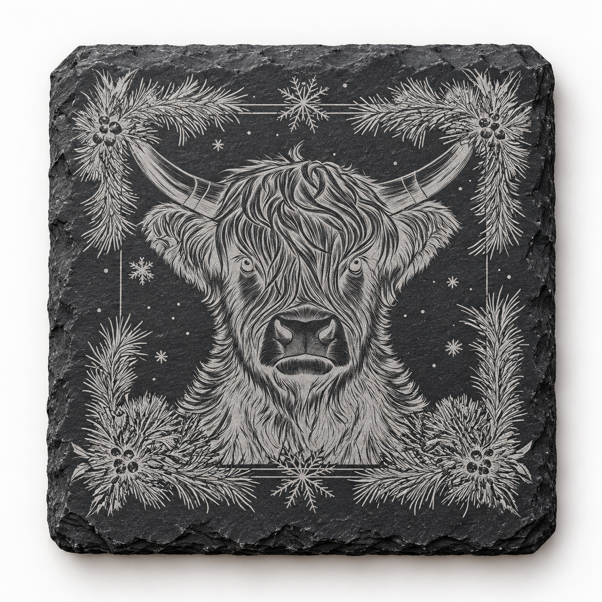 Highland Cow Winter Pine Slate Coaster