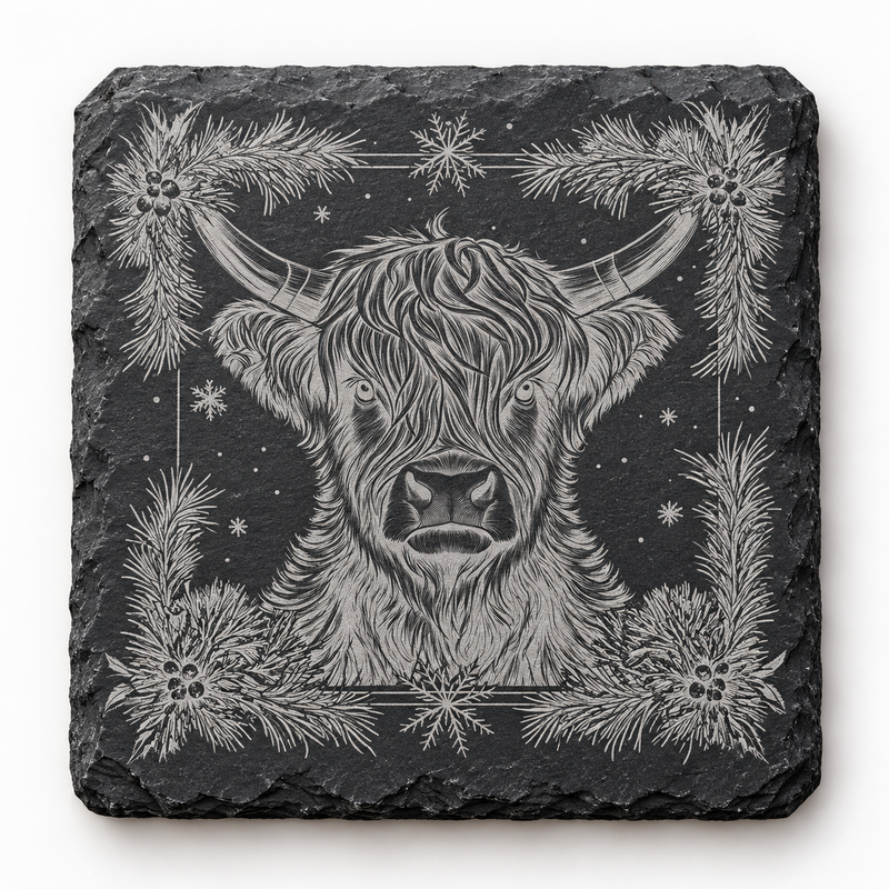 Highland Cow Winter Pine Slate Coaster