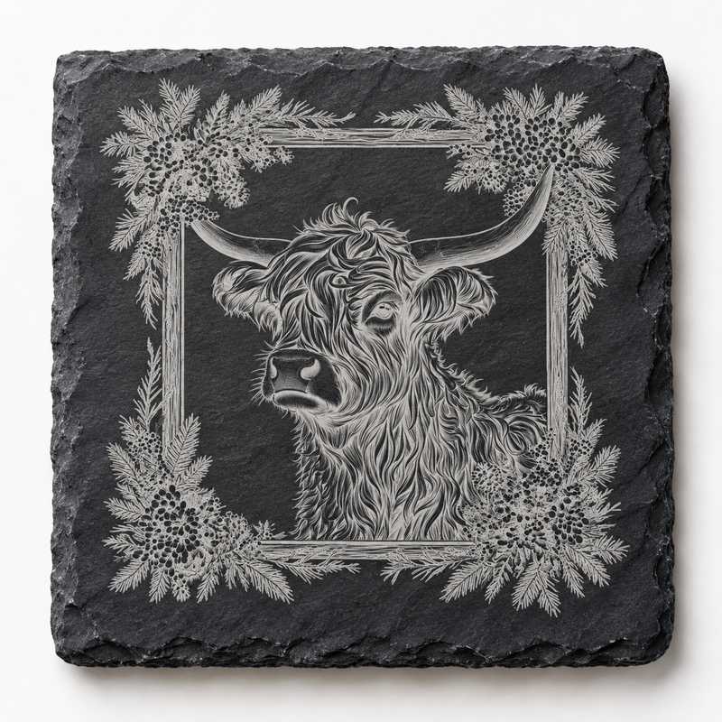 Highland Cow Rustic Christmas Slate Coaster