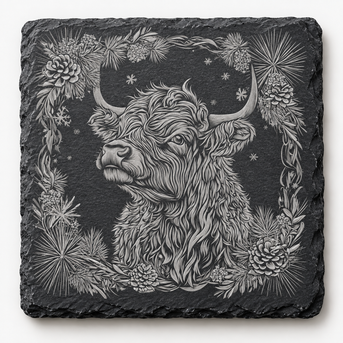 Highland Cow Christmas Floral Slate Coaster