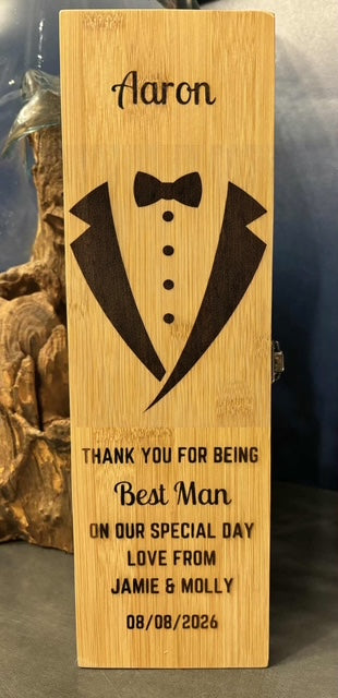 Premium engraved wooden wedding wine box with accessories