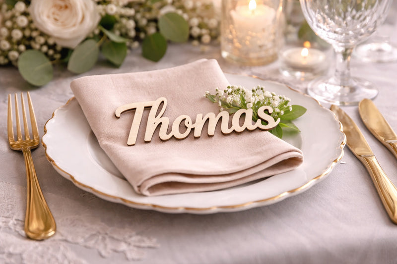 Personalised engraved wooden wedding place names for reception tables