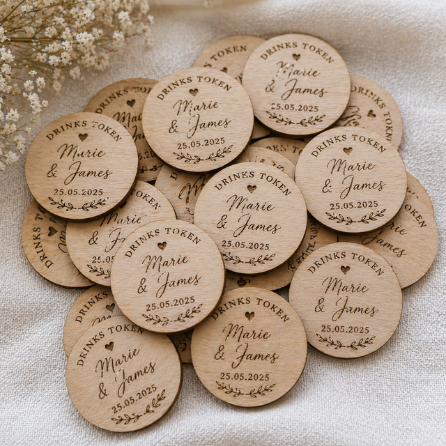 🍻 Personalised Wooden Wedding Drink Tokens