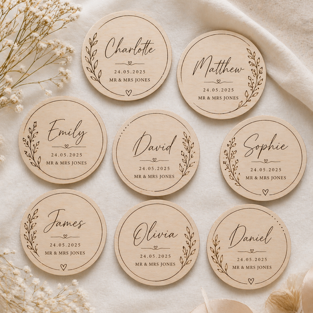 🤍 Personalised Wooden Wedding Place Name Discs & Heart Place Settings