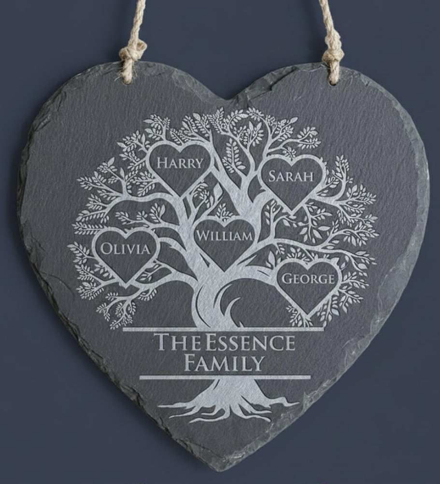 Personalised Family Tree Heart Slate Plaque – Engraved Family Names Keepsake (15 × 15 cm)
