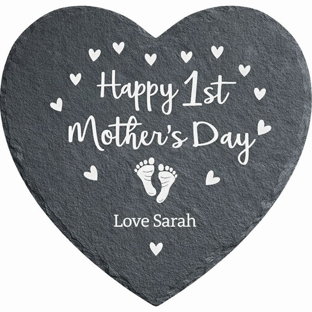 Personalised 1st Mother’s Day Heart Slate Plaque – Engraved Keepsake Gift (15 × 15 cm)