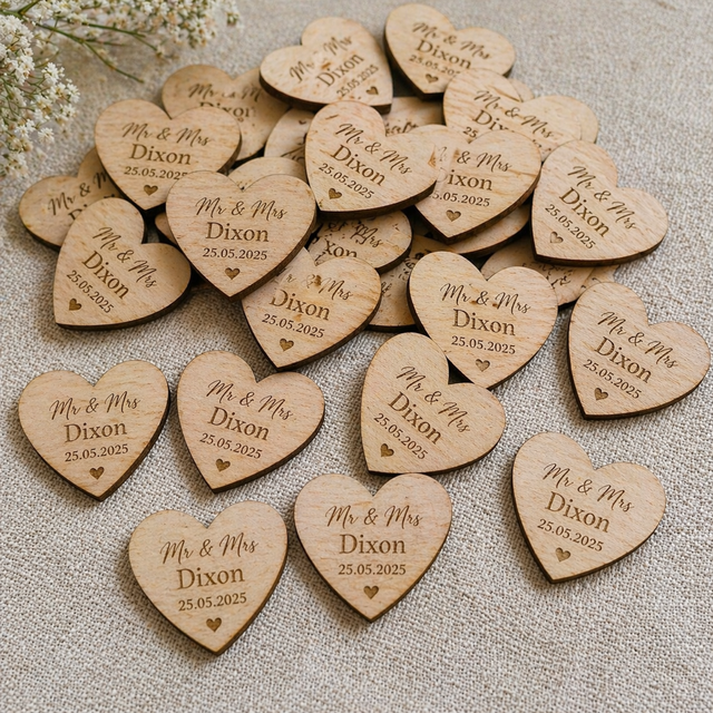🤍 50 x Personalised Wooden Heart Wedding Favours