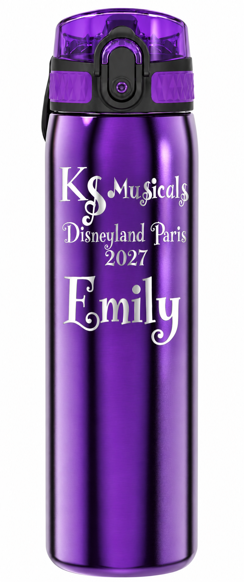 Full purple 600ml stainless steel flask personalised with KS Musicals Disneyland Paris 2027 and Emily