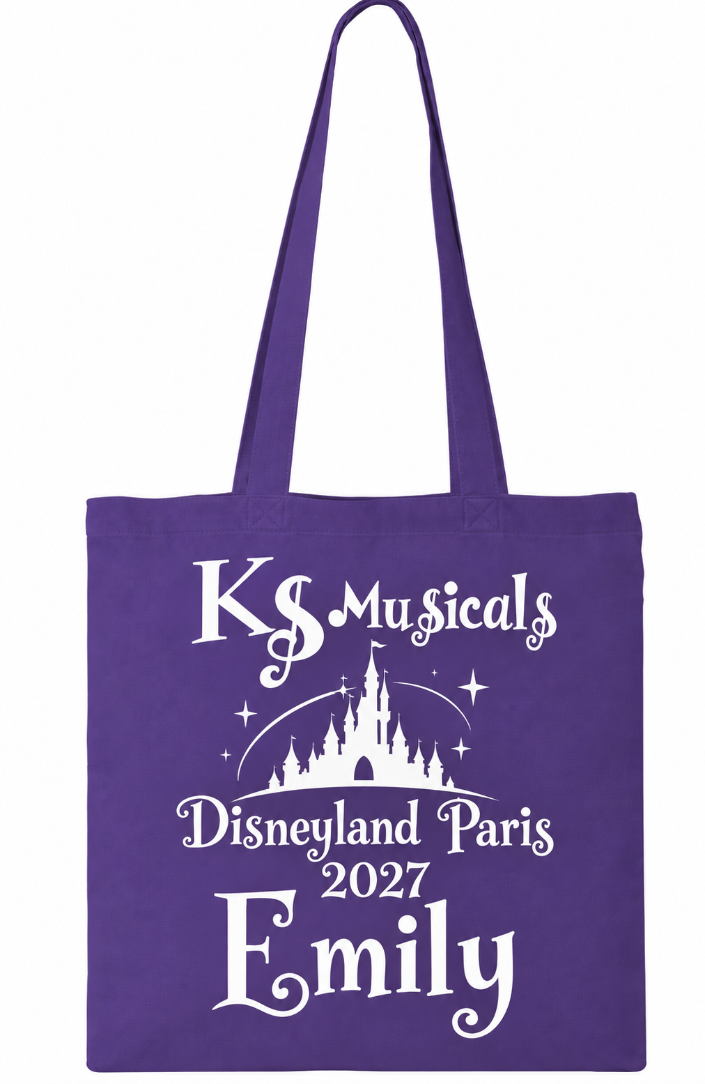 Whole purple tote bag with white KS Musicals Disneyland Paris 2027 design and personalised name