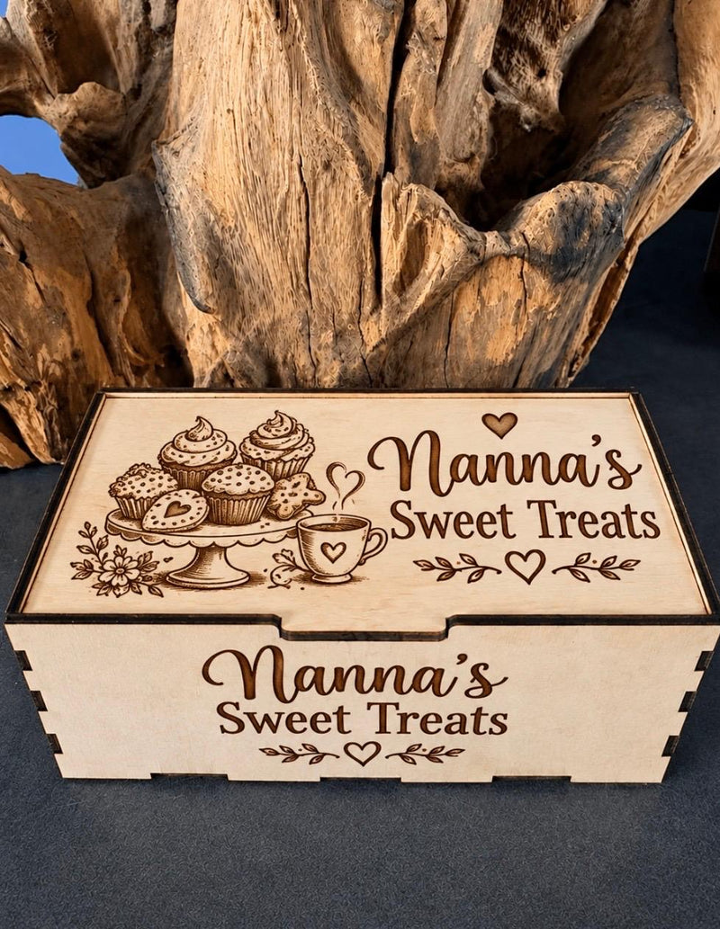 Nanna’s Sweet Treats engraved wooden box with cakes and teacup design