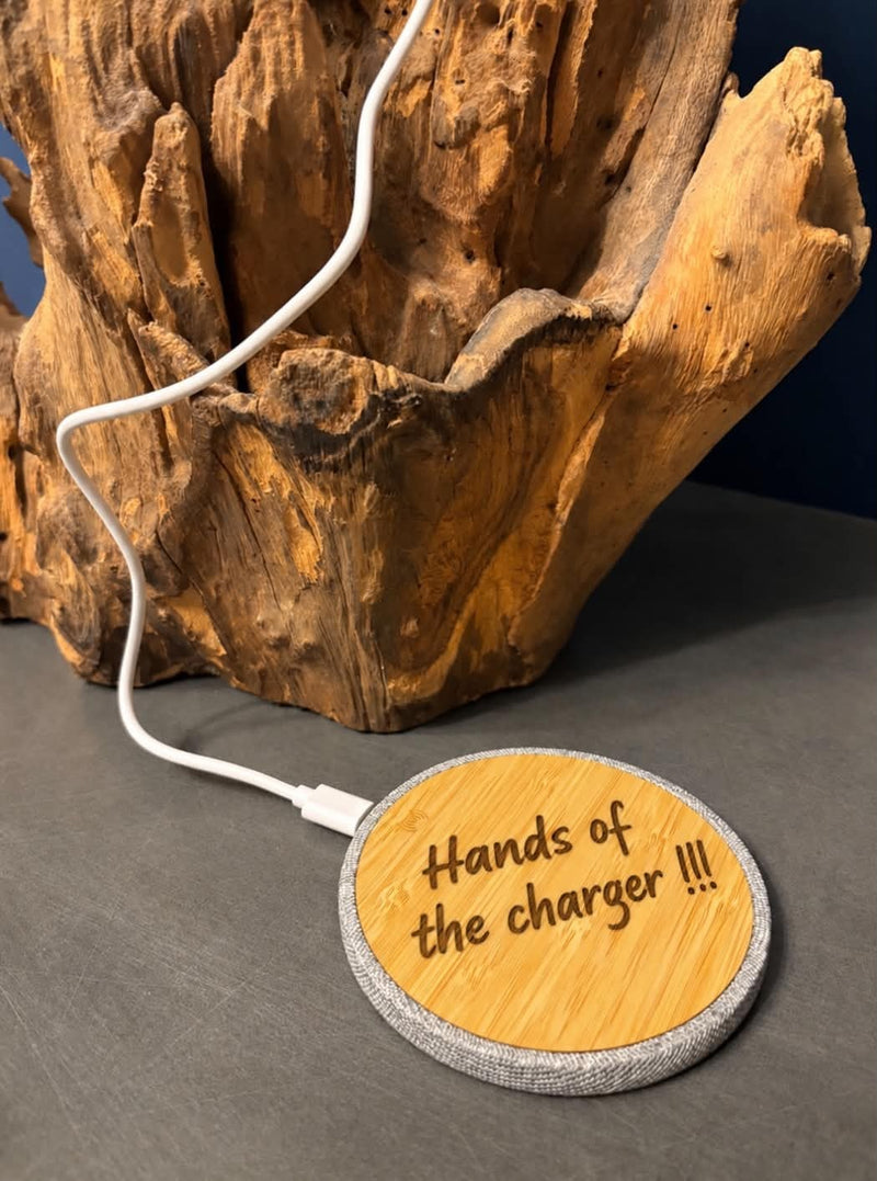 Personalised bamboo wireless charging pad with engraved message