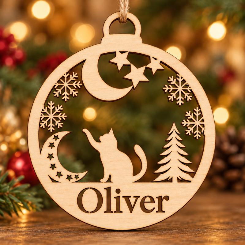Personalised Cat & Moon Christmas Bauble