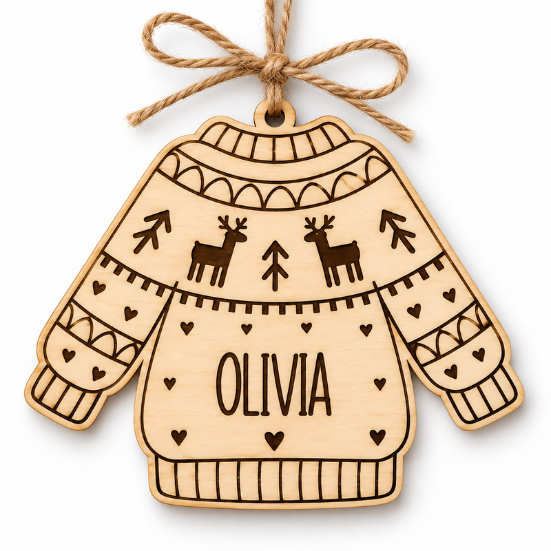 Personalised reindeer Christmas sweater basswood bauble