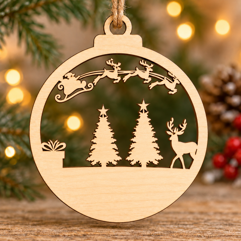 Personalised Santa Flying Over Woodland Christmas Bauble