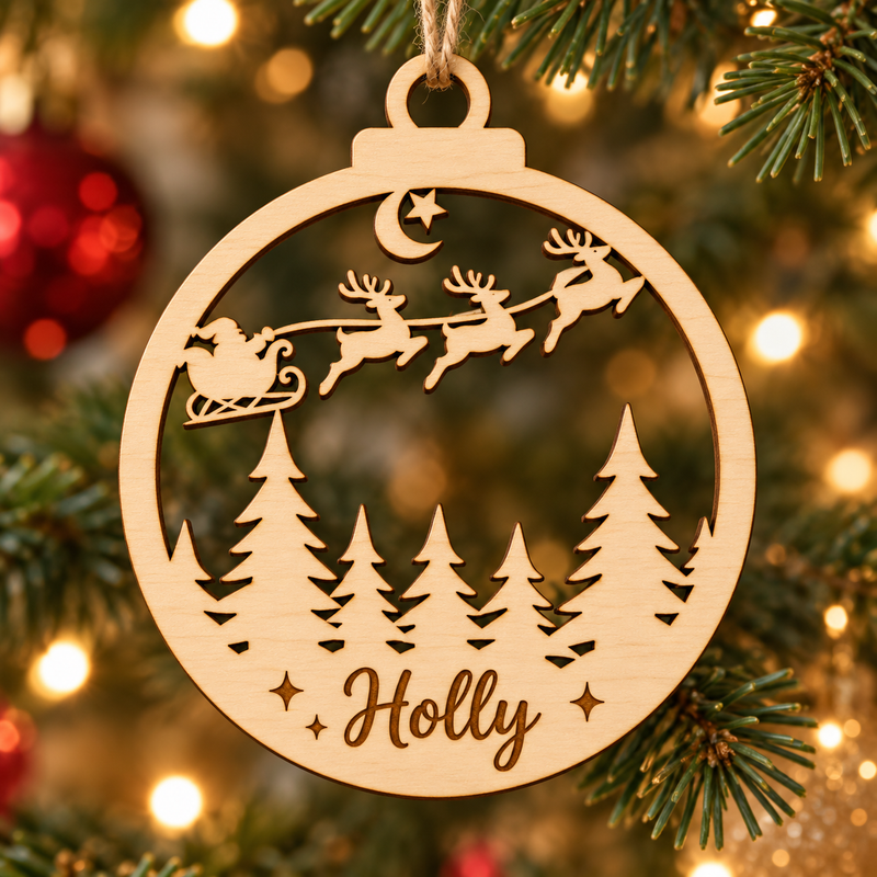 Personalised Santa Sleigh Forest Christmas Bauble