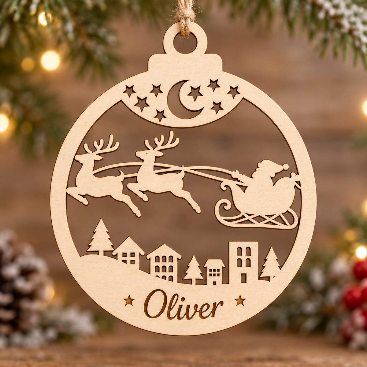 Personalised Santa Sleigh Village Christmas Bauble