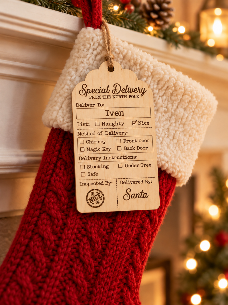 Special Delivery personalised wooden stocking tag; stocking not included