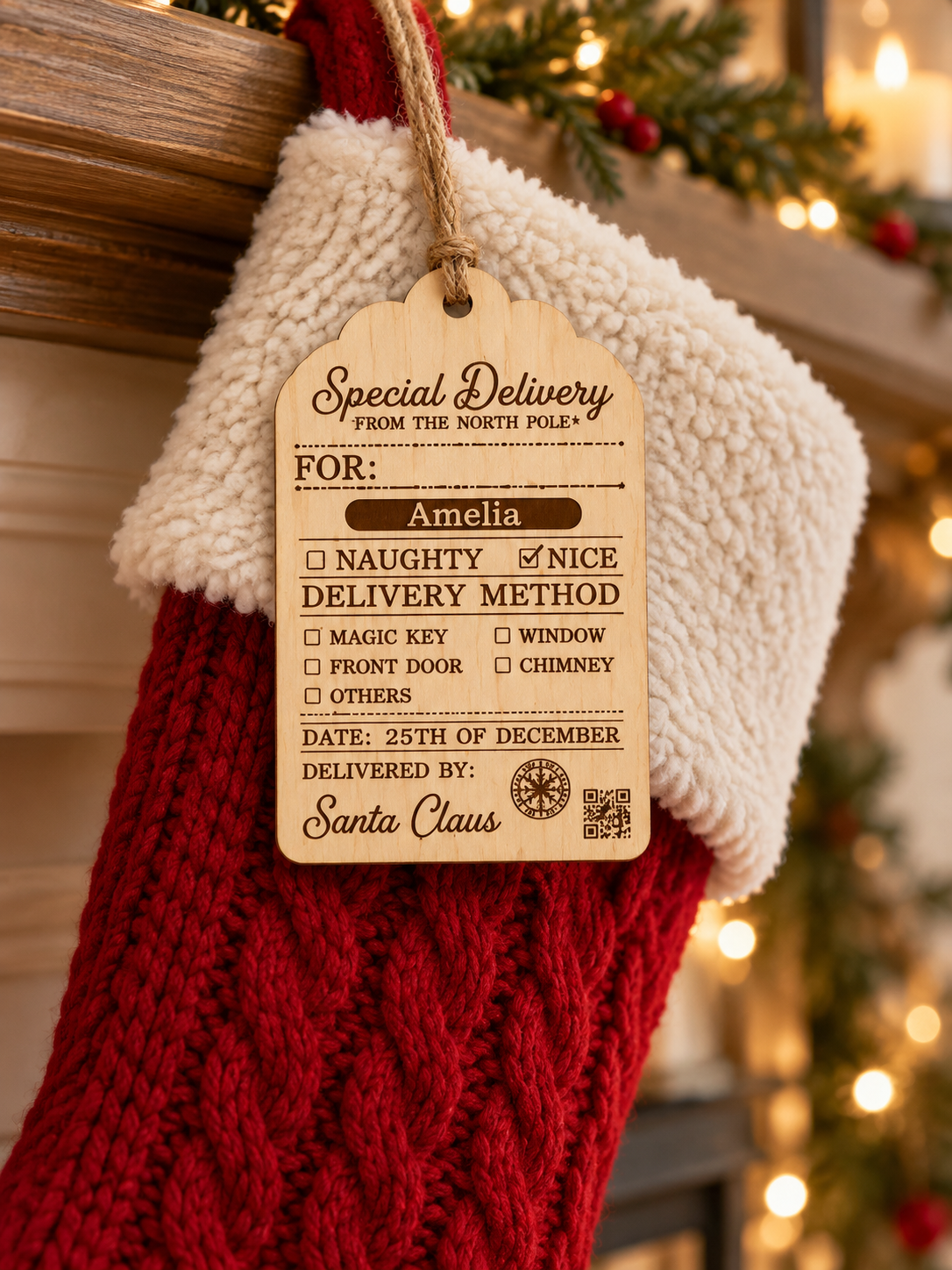 Santa Claus Special Delivery personalised wooden stocking tag; stocking not included