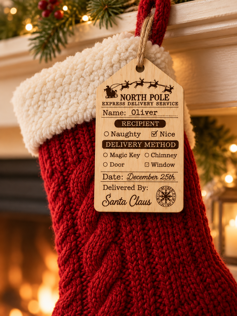 Santa’s Sleigh Express personalised wooden stocking tag; stocking not included