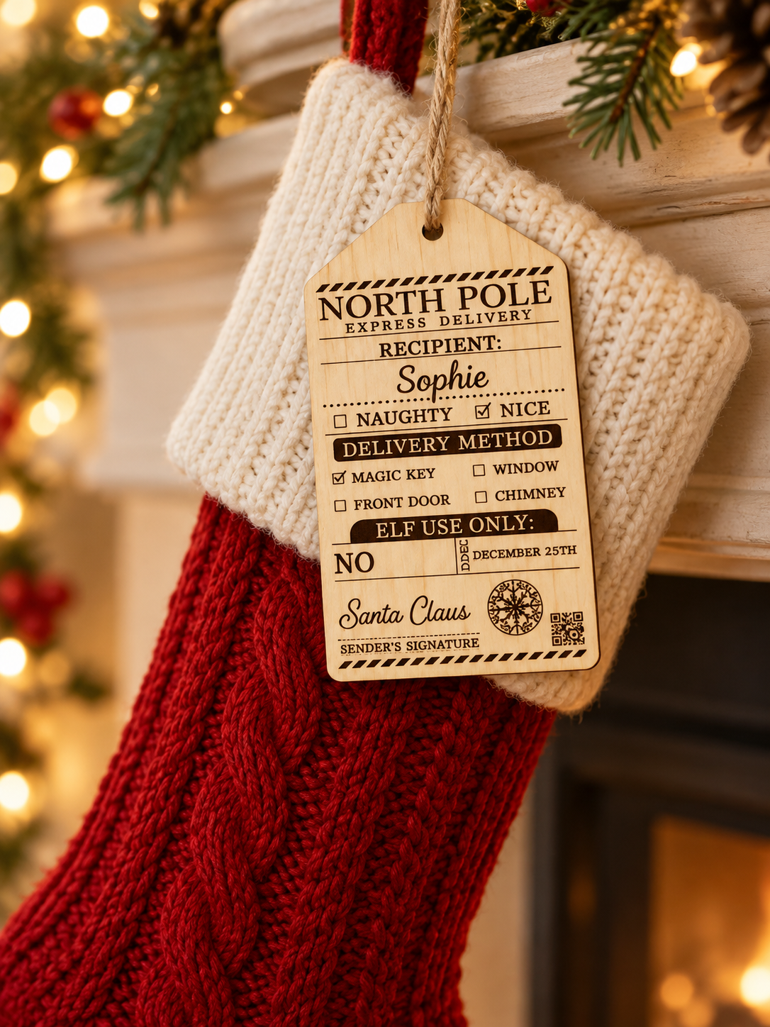 North Pole Postal personalised wooden stocking tag; stocking not included
