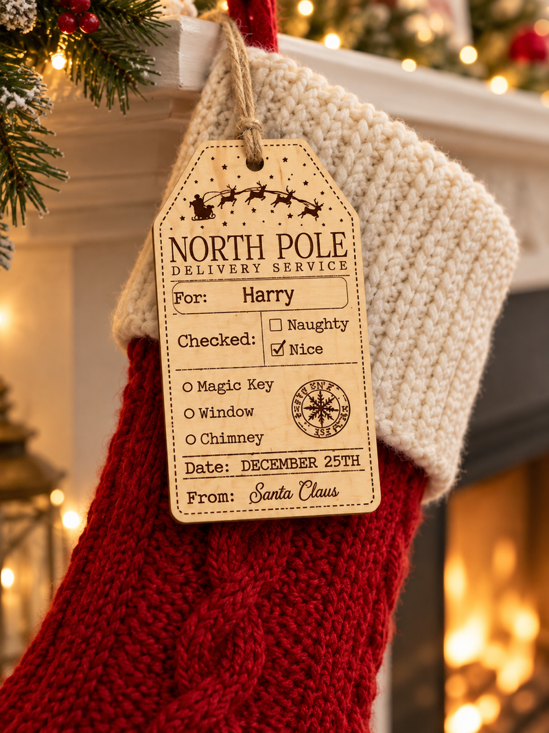 North Pole Delivery Service personalised wooden stocking tag; stocking not included