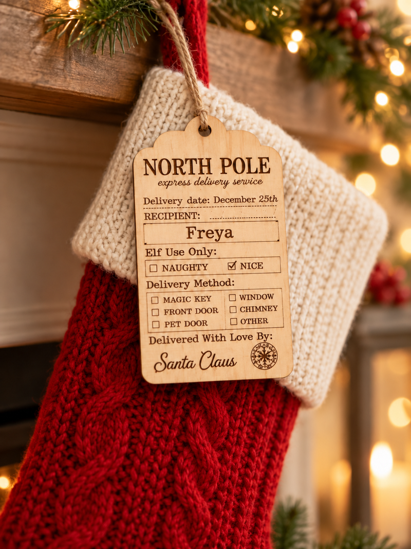 Elf Delivery personalised wooden stocking tag; stocking not included