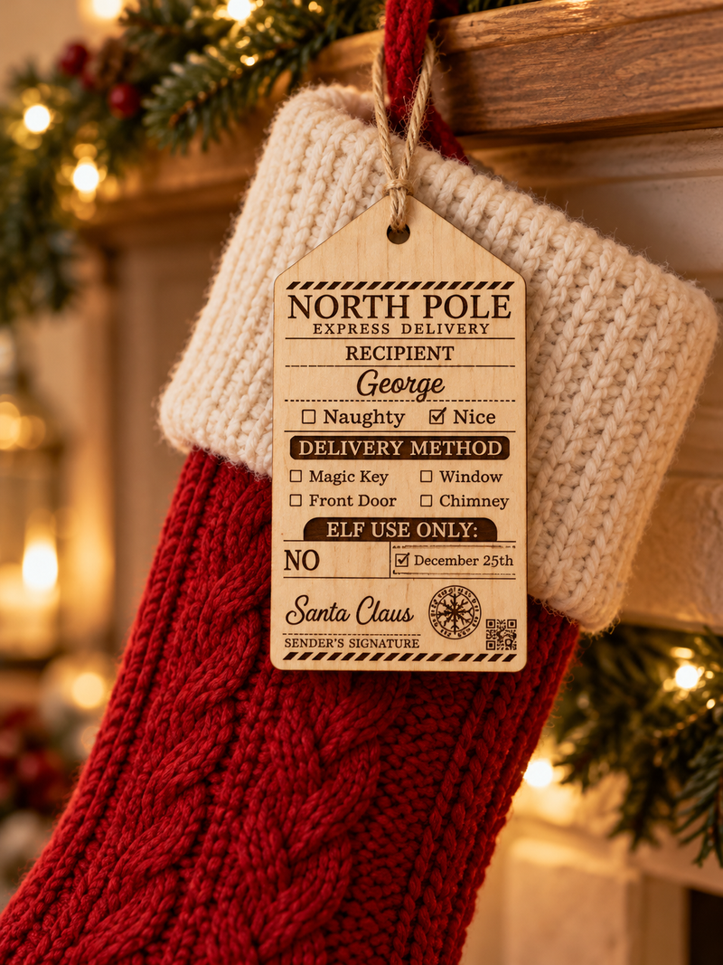 North Pole Express personalised wooden stocking tag; stocking not included
