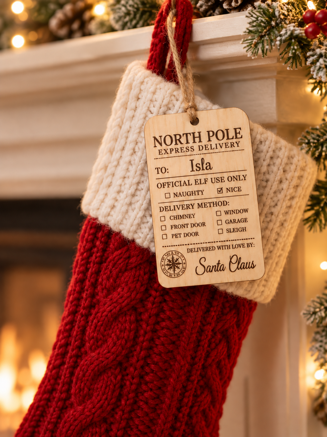 Official Elf Delivery personalised wooden stocking tag; stocking not included