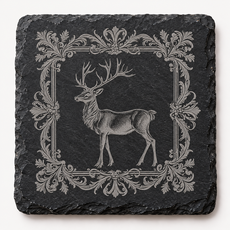 Regal Stag Ornate Frame Christmas Slate Coaster
