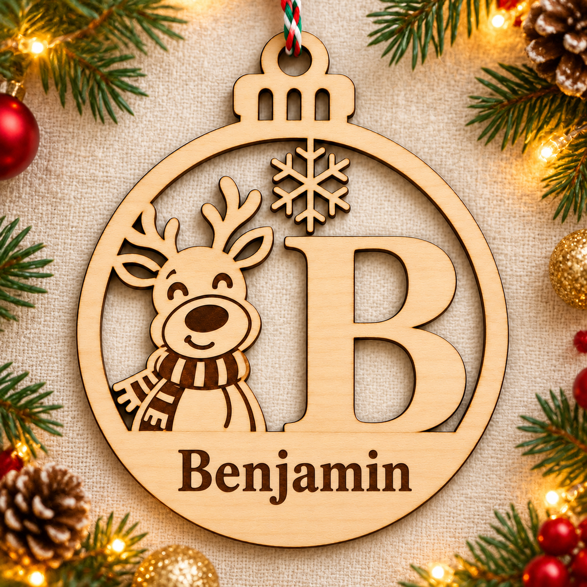Personalised basswood reindeer initial Christmas bauble – letter B